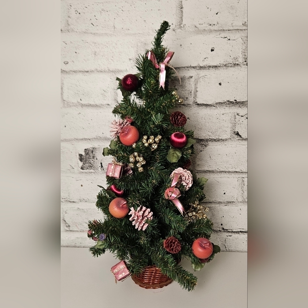 Vintage 20" Mini Christmas Tree w/ Pink Ornaments Pinecones & Basket Base